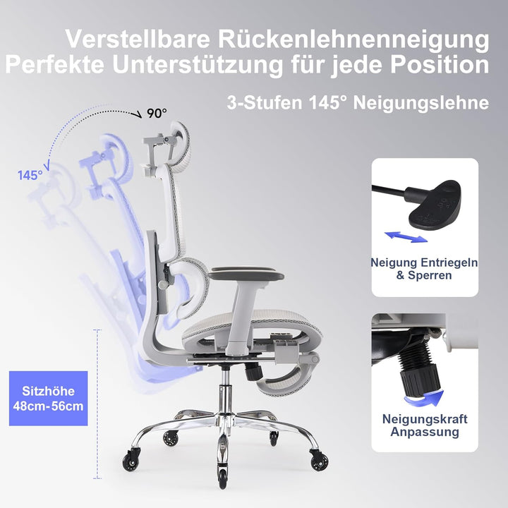 Ergonomischer Bürostuhl mit Fussstütze &amp; Nackenkissen, 5-Fach Höhenverstellbare Rückenlehne, 2D Lord
