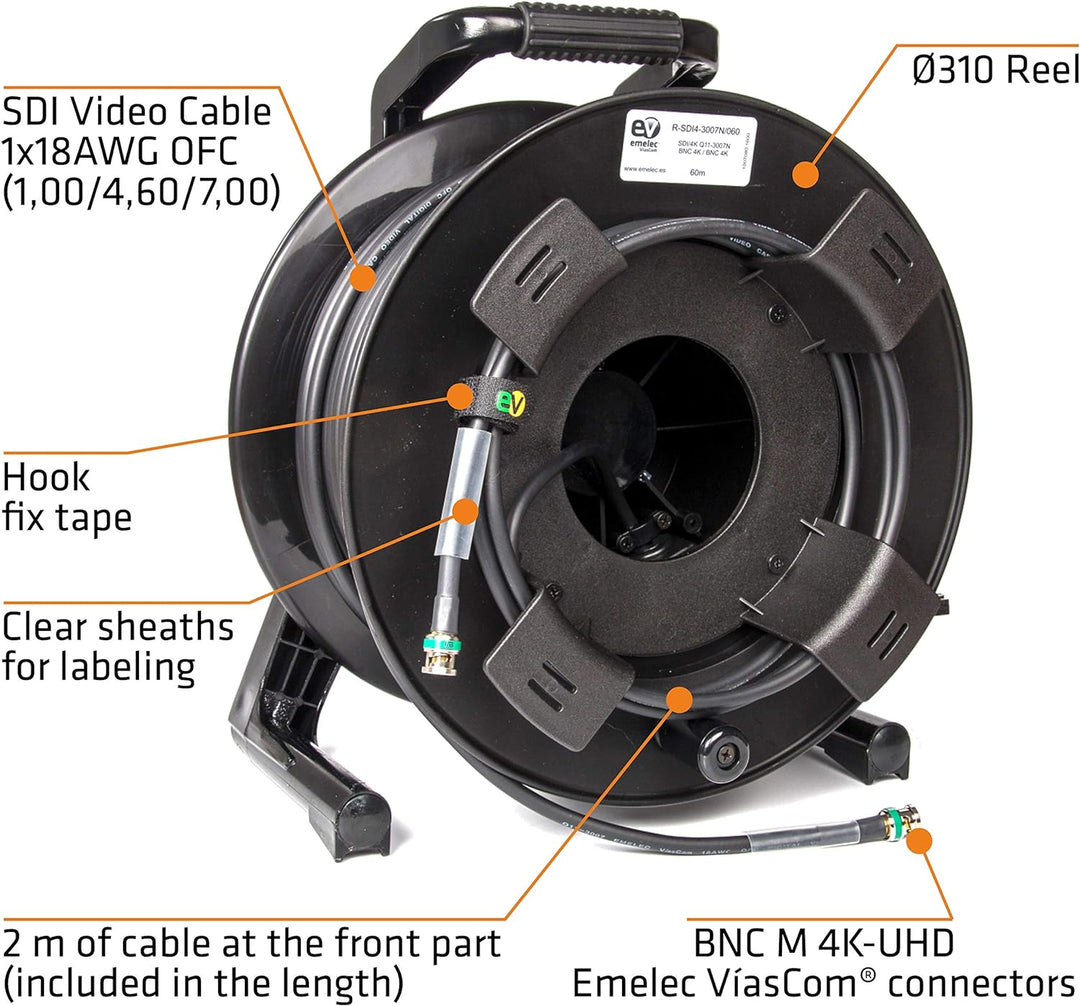 Emelec VíasCom R-SDI-3007N/100 – 100 m Videokabel 4K-UHD 6G-SDI (1.0/4.6/7.0) montiert auf Kabelhalt