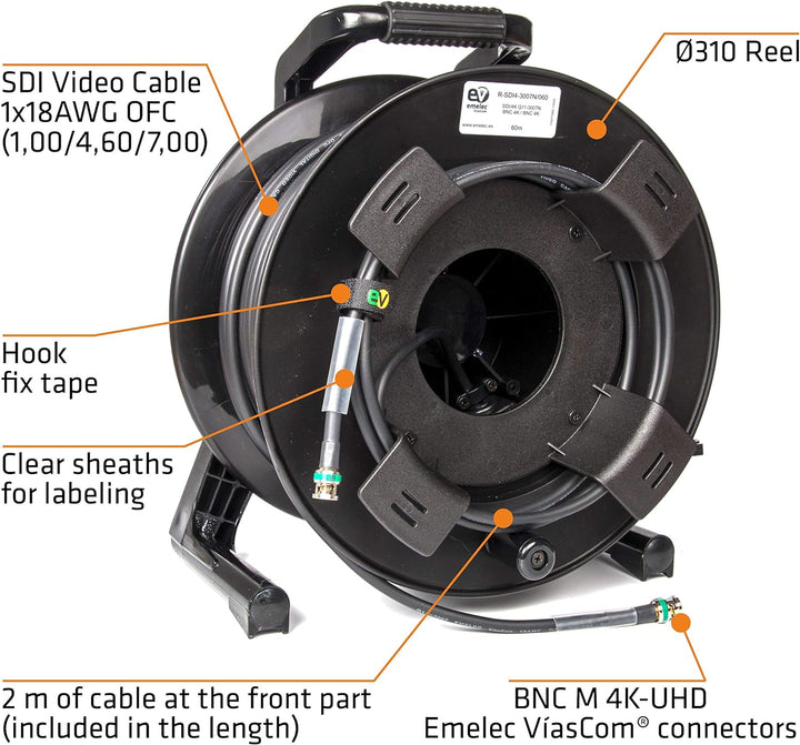 Emelec VíasCom R-SDI-3007N/100 – 100 m Videokabel 4K-UHD 6G-SDI (1.0/4.6/7.0) montiert auf Kabelhalt