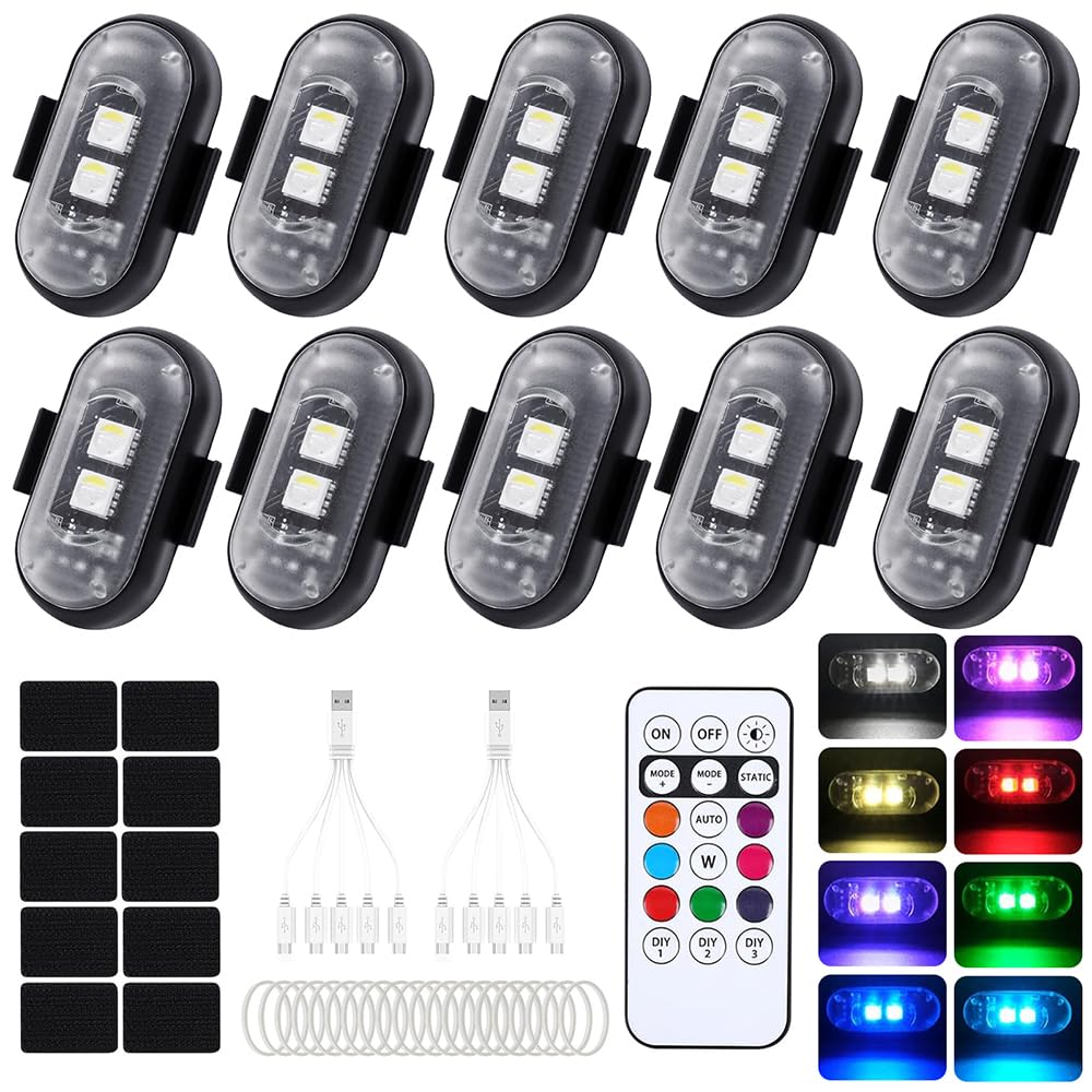 10 Stück Kabellose LED Lichter, 8 Farben Wasserdicht Blitzlicht mit Fernbedienung, USB-Aufladung Ant