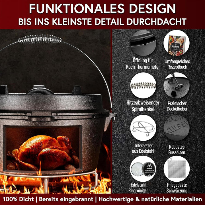 GUSSKÖNIG Dutch Oven Set [4,5L] - Eingebrannter Feuertopf mit praktischem Deckelheber und Edelstahl