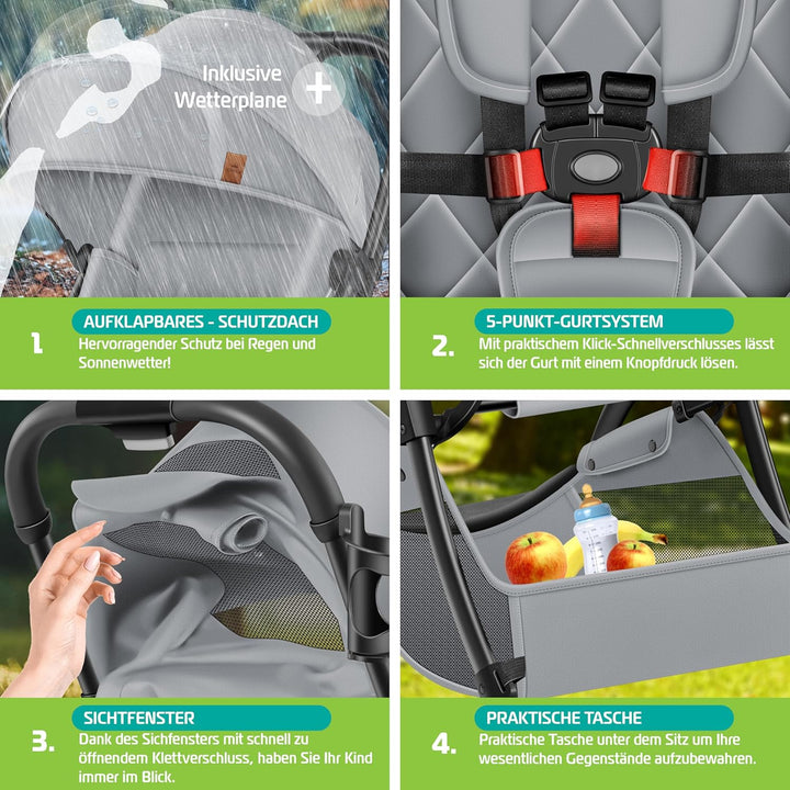 KIDIZ® Kinderwagen Premium Kinderbuggy klappbar Liegebuggy Sportwagen Faltbar 360°Räder 5-Punkt Gurt