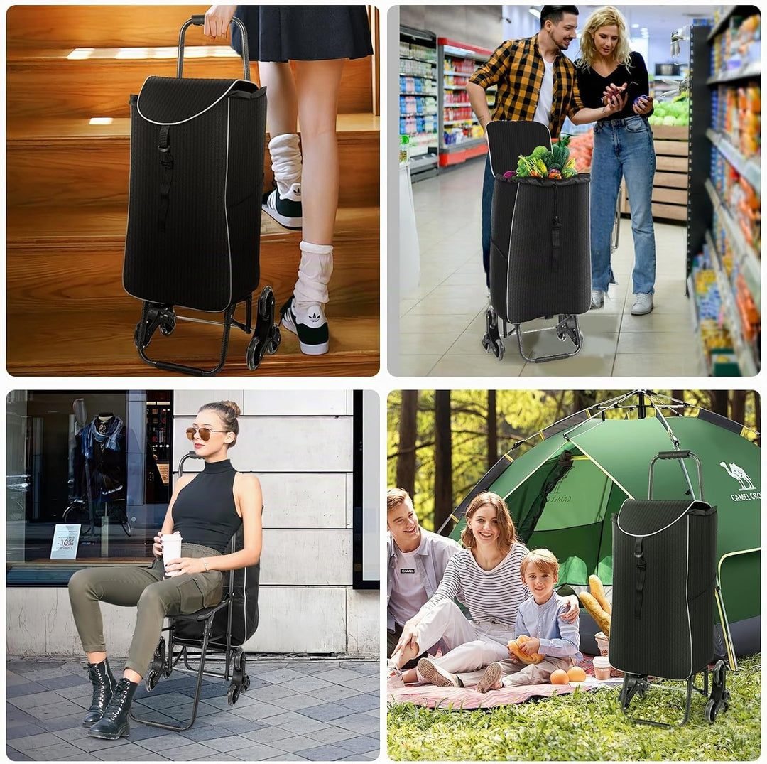 Einkaufstrolley Treppensteiger, Trolly Einkaufswagen Klappbar mit 3 Räder, Wasserdichter, 40L Schwar
