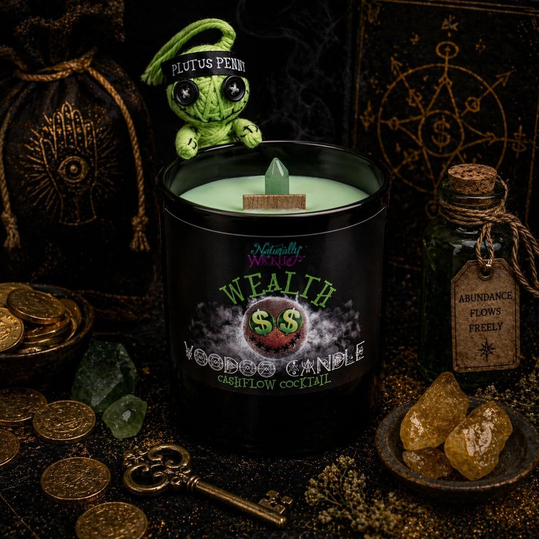 Naturally Wicked Voodoo Reichtums-Kerze | Inklusive Voodoo-Puppe &amp; Kristallstab | Vegane Kristallzau