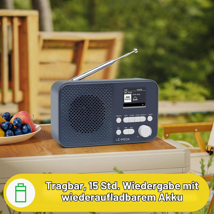 Tragbares DAB+-Radio mit Bluetooth | Wiederaufladbarer Akku mit 15 Stunden Spielzeit oder Netzbetrie