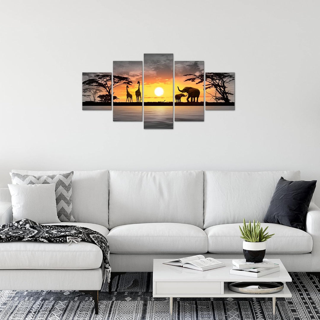 Runa Art Wandbilder Afrika Sonnenuntergang 5 Teilig Bild auf Vlies Leinwand Deko Wohnzimmer Schlafzi