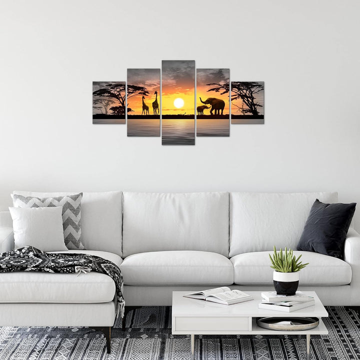 Runa Art Wandbilder Afrika Sonnenuntergang 5 Teilig Bild auf Vlies Leinwand Deko Wohnzimmer Schlafzi