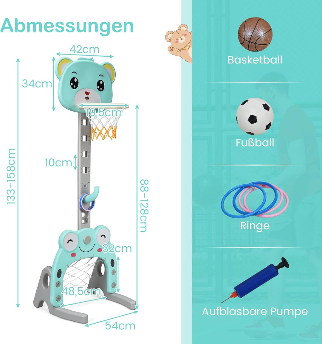 DREAMADE 3 in 1 Kinder Basketballkorb Set höhenverstellbar, Kinder Spielplatz mit Basketballkorb & F