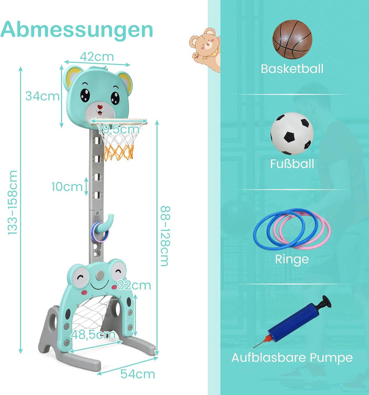 DREAMADE 3 in 1 Kinder Basketballkorb Set höhenverstellbar, Kinder Spielplatz mit Basketballkorb & F