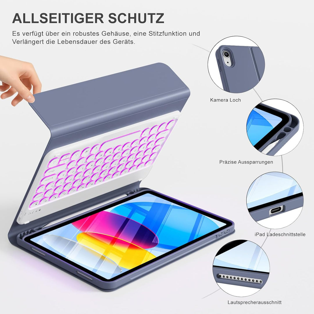 ZOPSGYU Hülle mit Tastatur für iPad A16 11. /10. Generation (2025/2022, 11/10,9 Zoll), Farben Beleuc