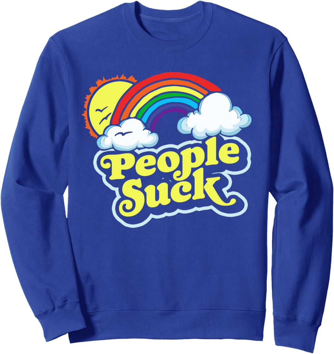 People Suck Funny 80s Clouds & Rainbow Introvert Graphic Sweatshirt