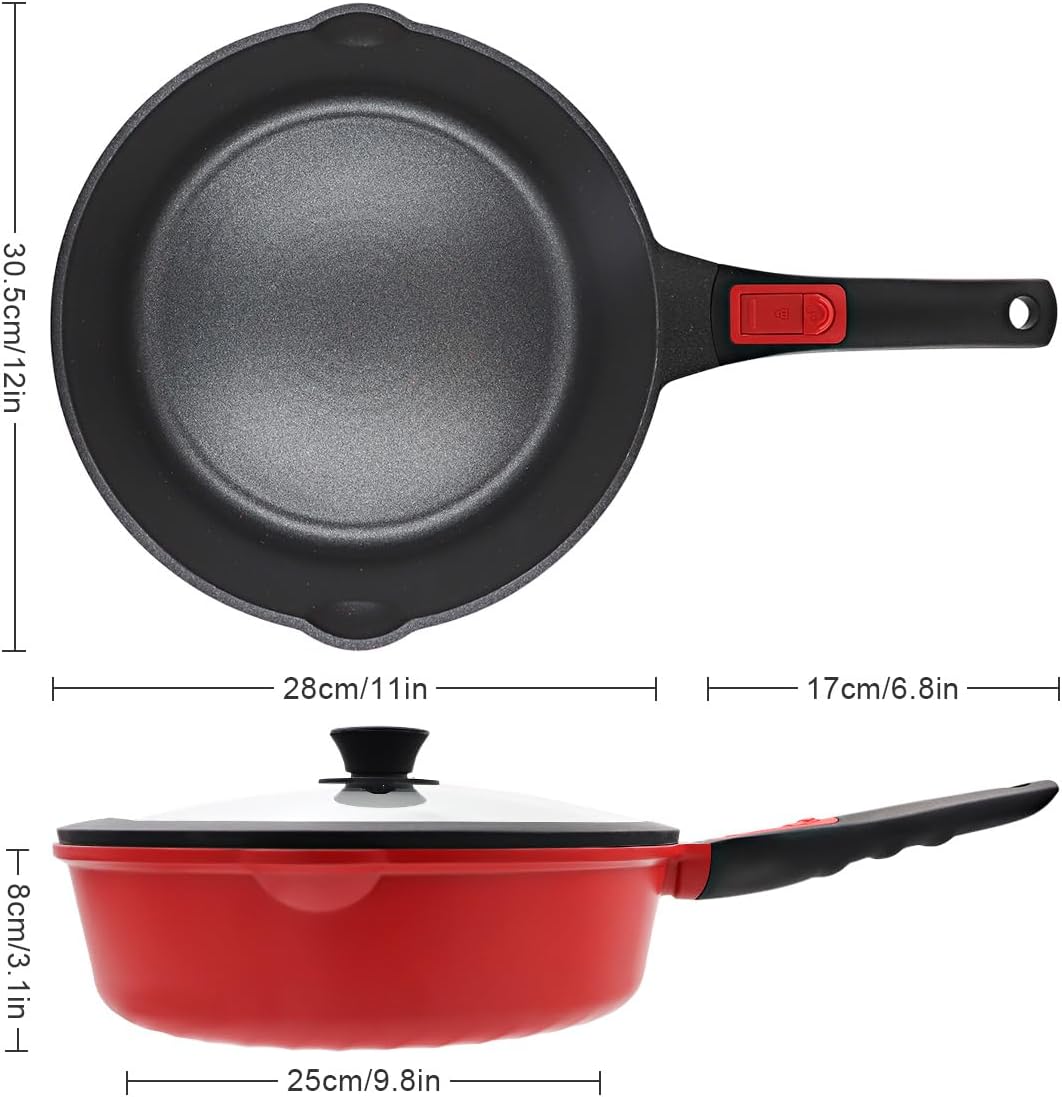 Pfanne 28cm mit Deckel, Aluminium Bratpfanne Hoher Rand mit Abnehmbarer Griff, für alle Herde|Anti-K