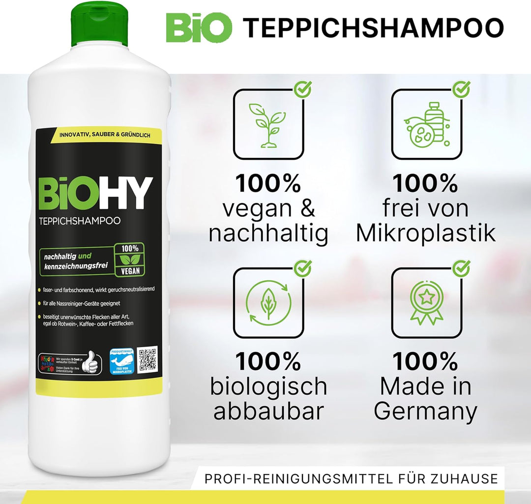 BiOHY Teppichshampoo (12 x 1 Liter) | Teppichreiniger Konzentrat | ideal gegen hartnäckige Flecken |