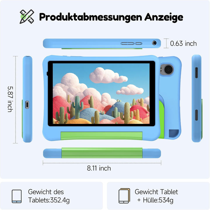 ALLDOCUBE KIDO 8 Zoll Kinder Tablet, Android 15 Go, 32GB ROM, 5000mAh, Blau | 3GB RAM, zwei Lautspre