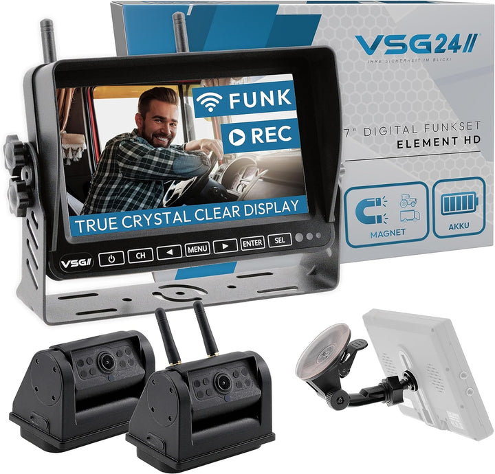 VSG24 7“ Element HD 2 Kameras Funk Rückfahrsystem Akku Magnet für Wohnmobil & LKW, KFZ Set kabellos