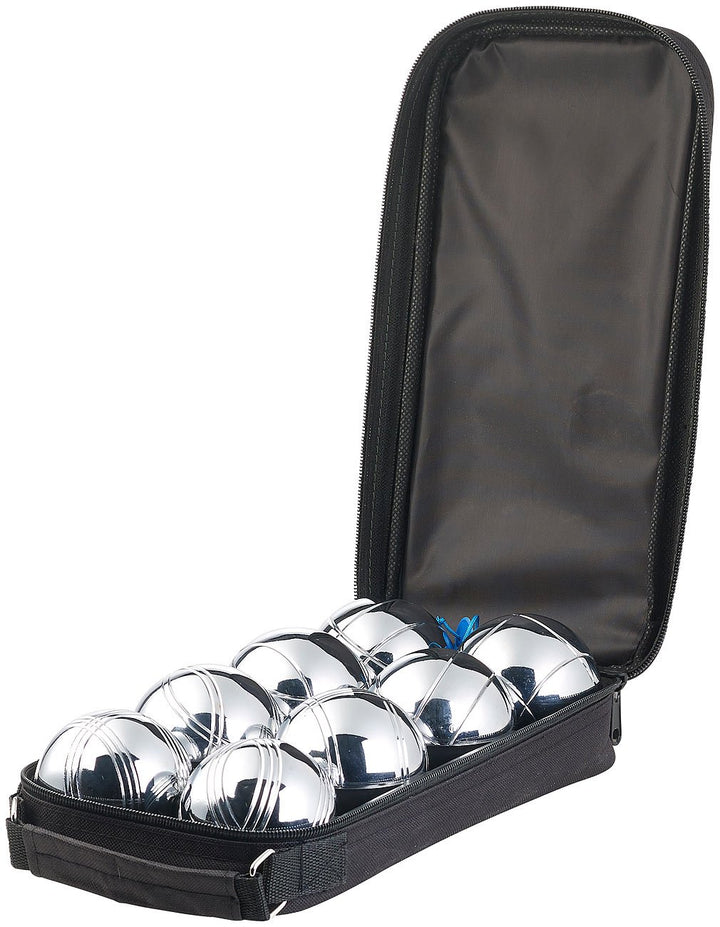 PEARL Boule Kugeln: Boule- & Boccia-Spiel: 8 Metall-, 1 Holz-Kugel, Abstandsmesser, Tasche (Boccia K