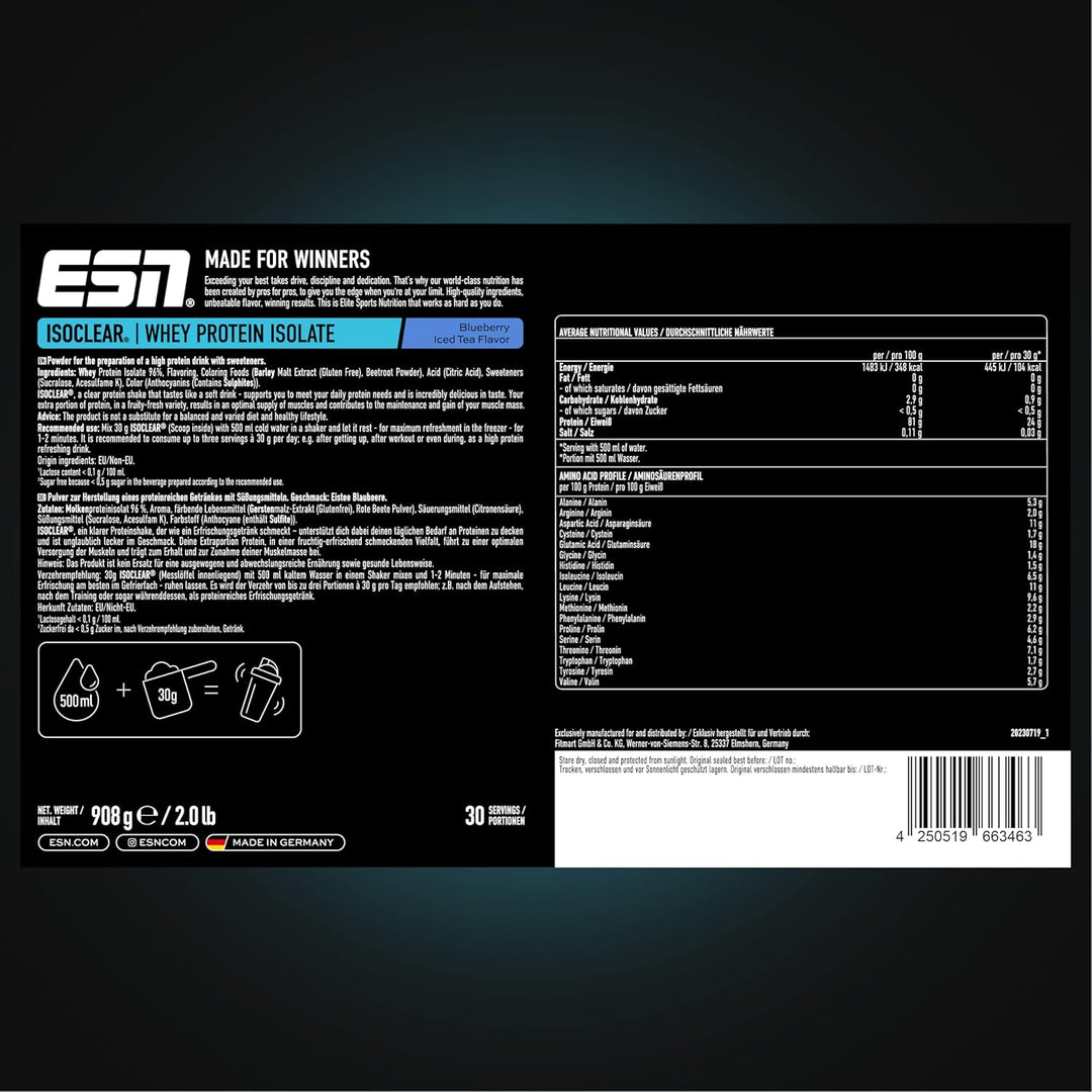ESN ISOCLEAR Whey Isolate Protein Pulver, Blueberry Iced Tea, 908 g, Proteinlimo mit fruchtig lecker