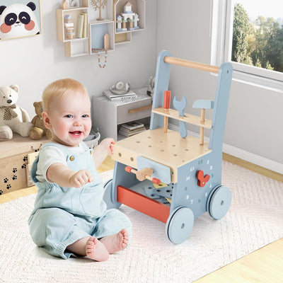 GOPLUS 2 in 1 Lauflernwagen, Lauflernhilfe Holz mit Werkzeugspielzeug, Multifunktionszentrum für Bab