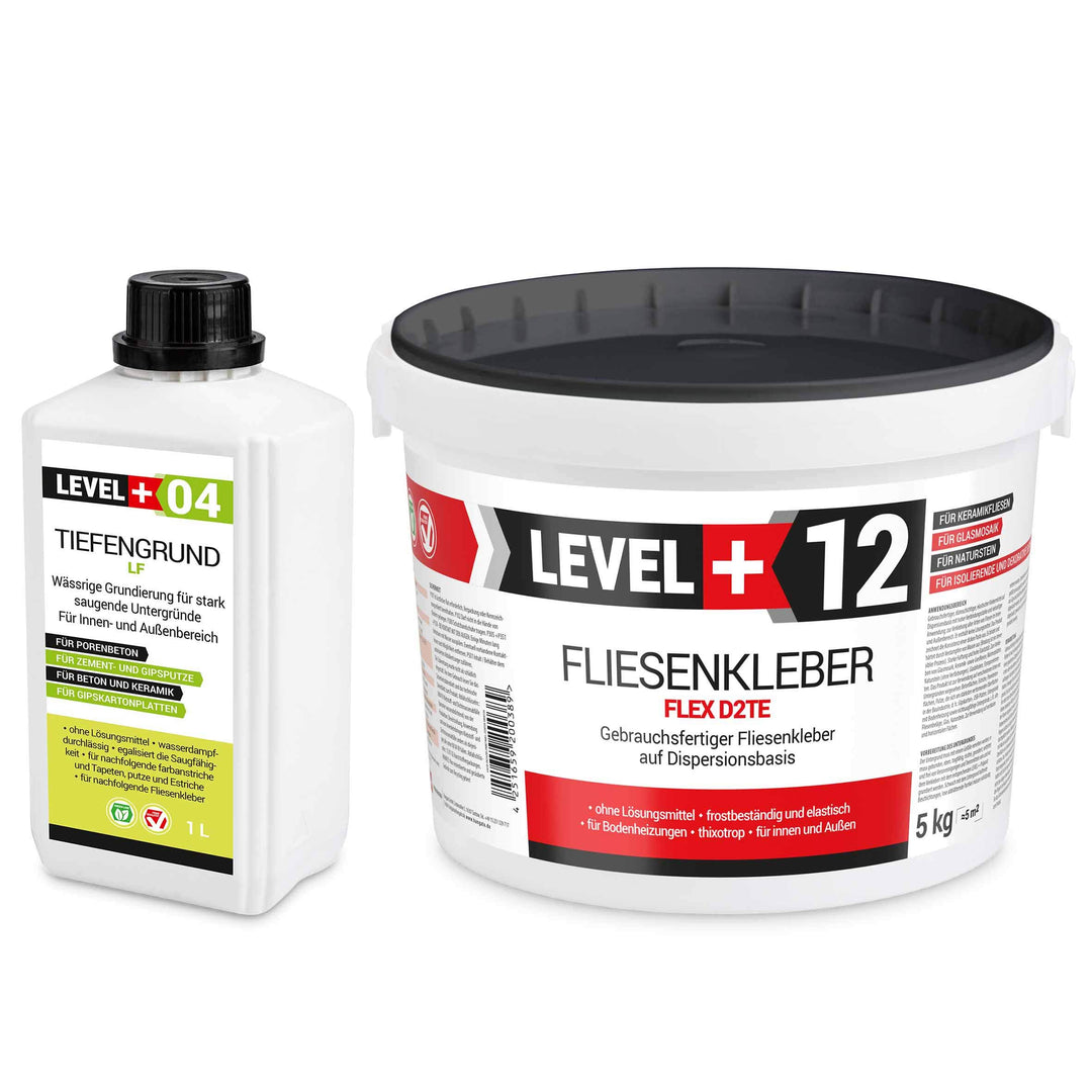 Set 5Kg Weiss Fertig Fliesenkleber Flexkleber + 1L Tiefengrund LF, LEVEL+ SET205