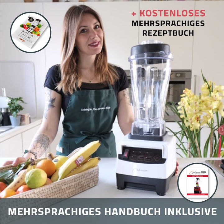 Hochleistungsmixer Optimum 9200A, 2611 Watt, 3.5PS, 6 Edelstahlklingen, 48000 U/min, GRATIS Nussmilc