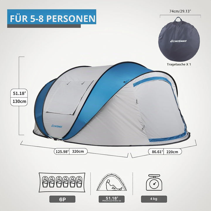 EchoSmile Pop up Zelt 4-8 Personen, Wurfzelt Wasserdicht mit 2 Belüftungsfenstern, Familienzelt &amp; Ca