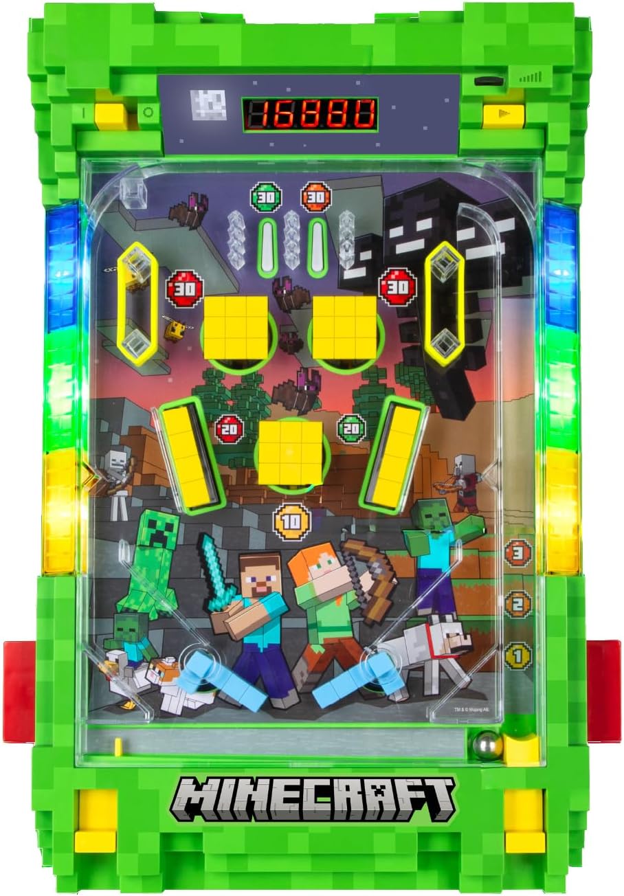 Minecraft Arcade Pinball – Overworld Edition mit vibrierenden Bumpern und LED-Punkteanzeige, elektro