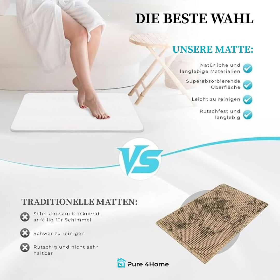 Pure 4Home Steinmatte Badezimmer rutschfest aus Kieselgur 40 x 30 cm | Duschvorleger Schnelltrocknen