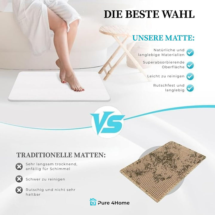 Pure 4Home Steinmatte Badezimmer rutschfest aus Kieselgur 40 x 30 cm | Duschvorleger Schnelltrocknen