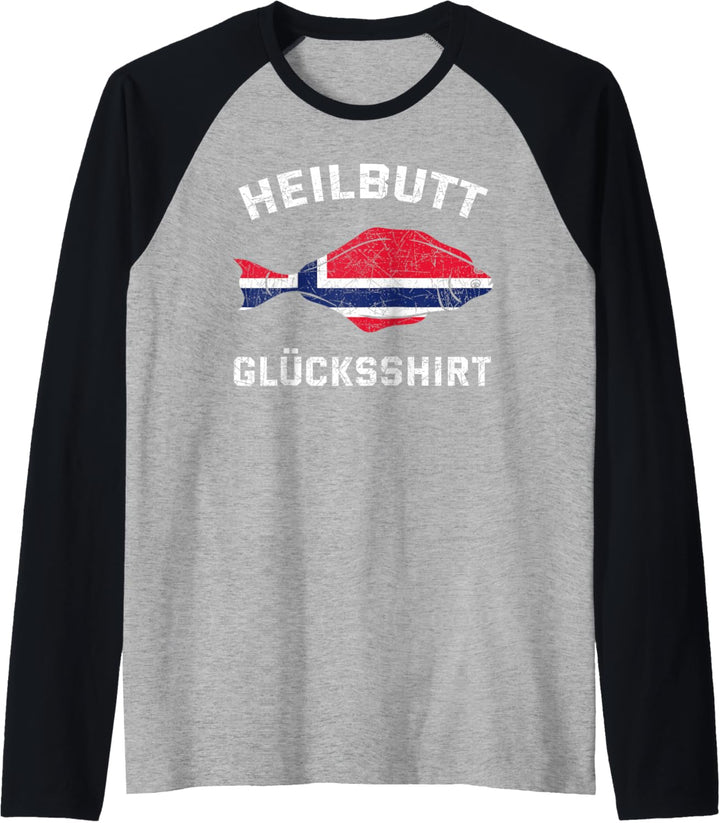 Heilbutt Glücksshirt Norwegen Flagge Angler Reise Geschenk Raglan