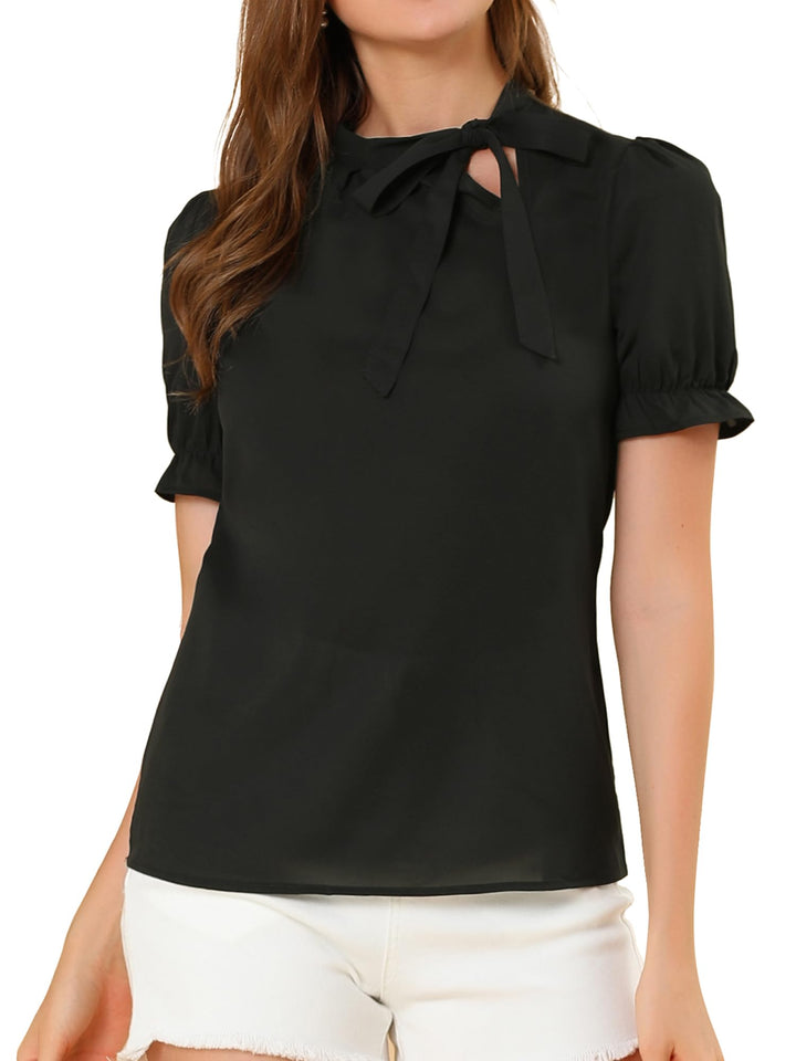 Allegra K Damen 50er Jahre Bluse mit Schleife Schluppenbluse Festliche Blusen Kurzarm Panel Fliege H