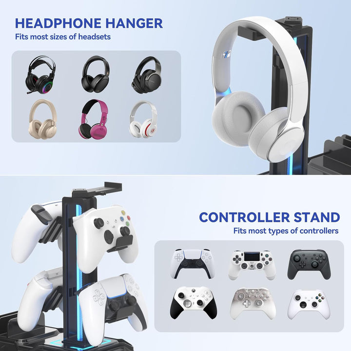 KDD Gaming Kopfhörer Ständer Led mit USB A Typ-C Ladegeräten, Headset Halterung Tisch & Abnehmbar Co