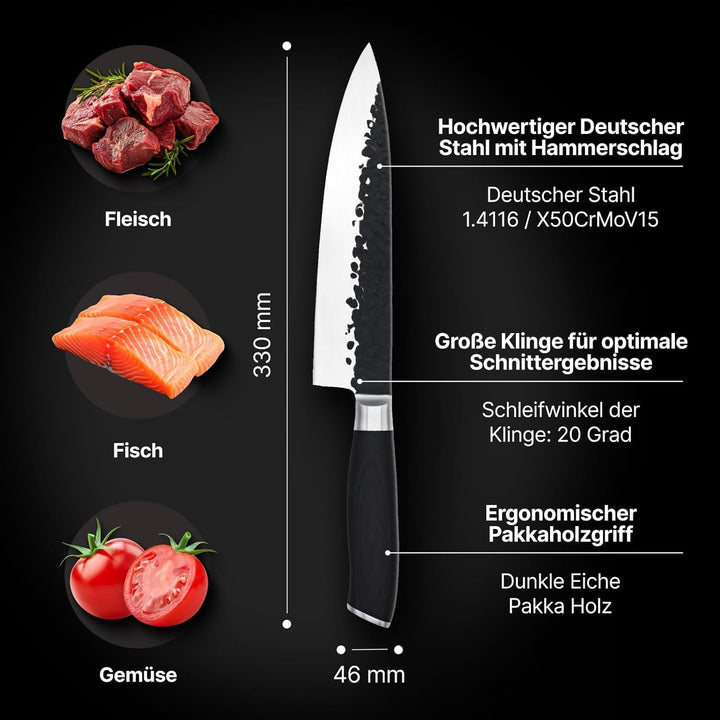 FIVI Kochmesser ROLF 20 cm | Profi Chefmesser aus rostfreiem Stahl mit Hammerschlag – Scharfes Allzw