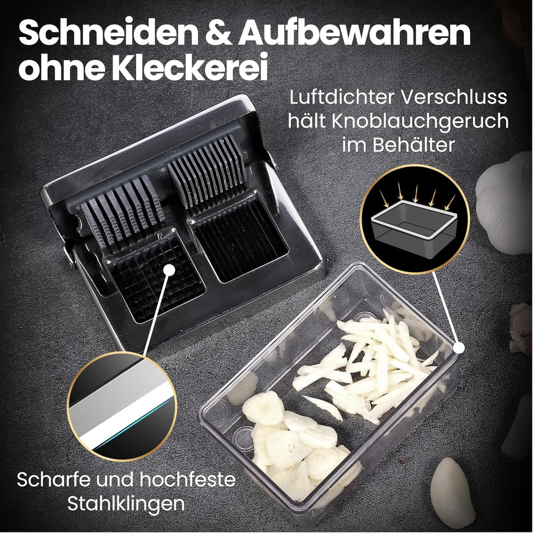 Knoblauchpresse Edelstahl 2-in-1 – Knoblauchschneider & Knoblauch Zerkleinerer mit Auffangbehälter,