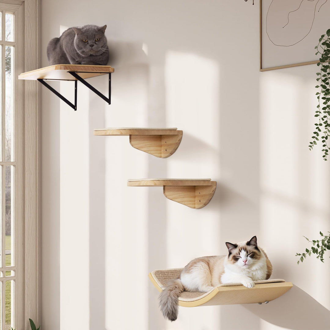 Katzentreppe Wand Set, Katzen Kletterwand mit 2 Stufen Quadratischer & Gebogenen Plattformen, Wandmo