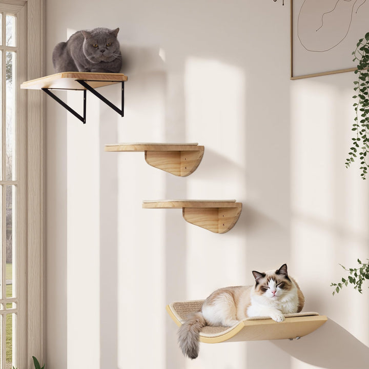 Katzentreppe Wand Set, Katzen Kletterwand mit 2 Stufen Quadratischer & Gebogenen Plattformen, Wandmo