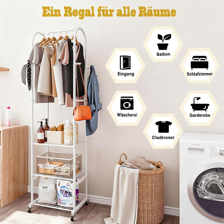 Kleiderständer mit Rädern und 3-stufigen Metallböden, Kleiderstangen zum Aufhängen von Kleidung mit