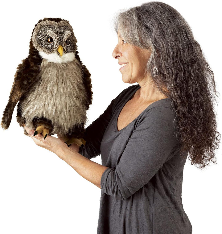Folkmanis Handpuppe Puppet Eule mit „Huhu – Effekt“, Macht Geräusche, 3135