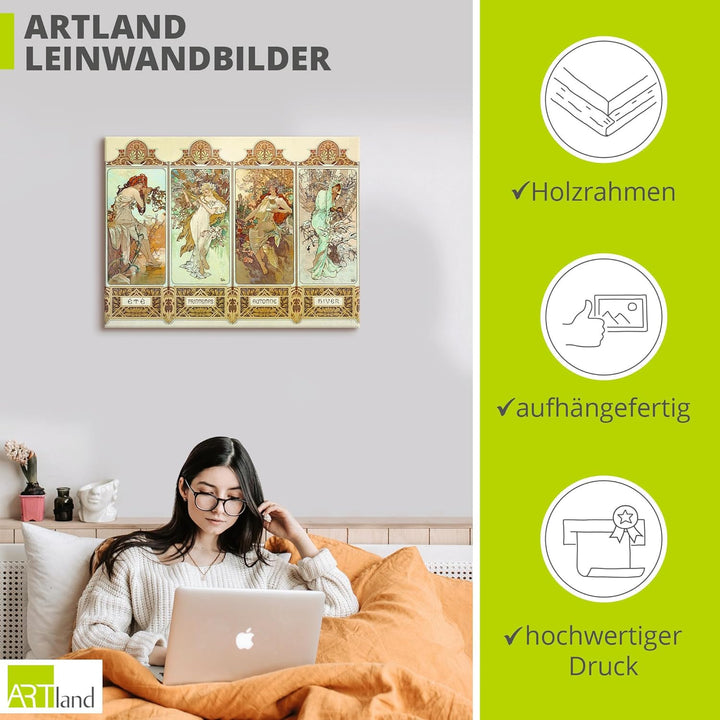 ARTland Leinwandbilder Wandbild Bild auf Leinwand 40x30 cm Wanddeko Alfons Mucha Sommer Herbst Winte