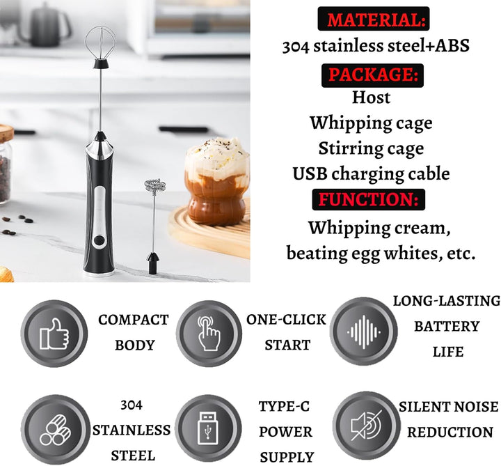 Elektrischer Milchaufschäumer mit Doppelschneebesen – Wiederaufladbar, 3-Stufen-Geschwindigkeitsrege