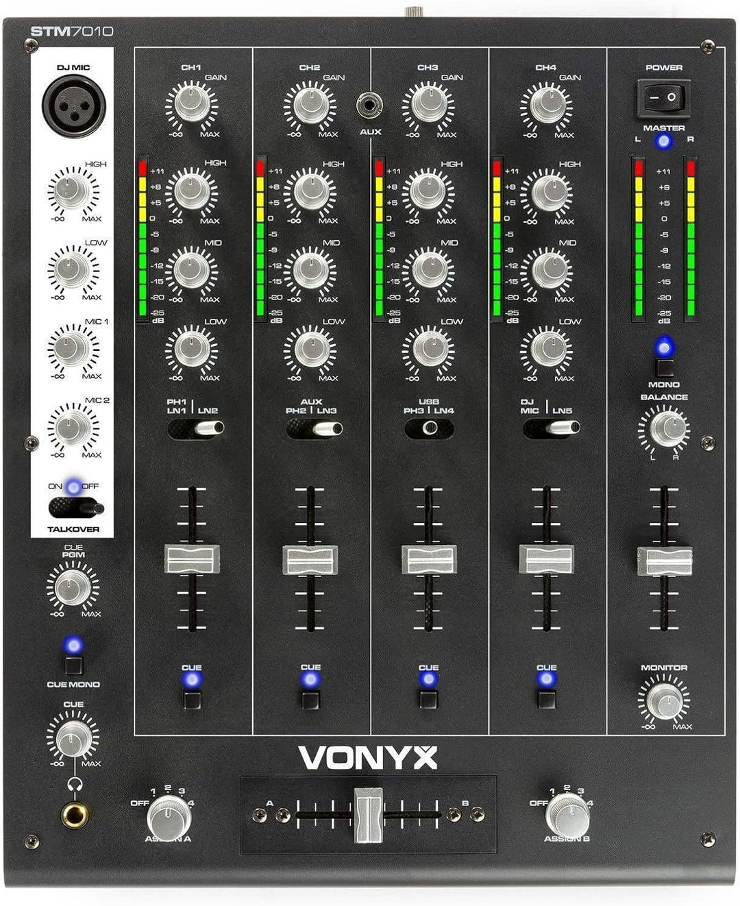 SkyTec STM-7010 - DJ Mischpult, 4 Kanäle mit USB-Eingang, Club Mixer, DJ Mixer, MIC-Inputs, DMX, Cro