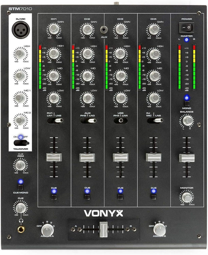 SkyTec STM-7010 - DJ Mischpult, 4 Kanäle mit USB-Eingang, Club Mixer, DJ Mixer, MIC-Inputs, DMX, Cro