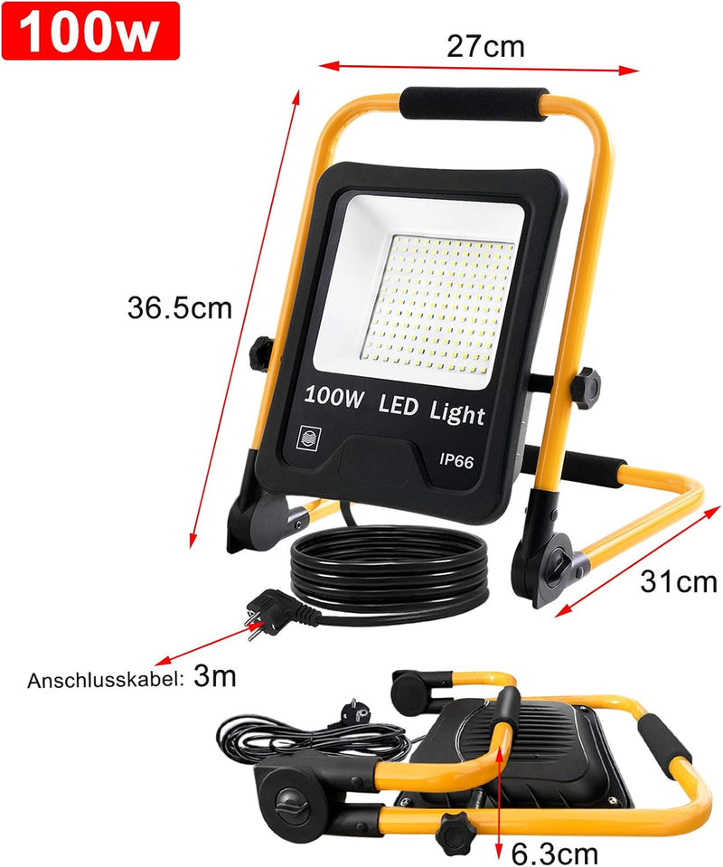 Aufun LED Baustrahler 100W Strahler Warmweiss mit 3M Kabel LED Fluter Arbeitsscheinwerfer Wasserdich