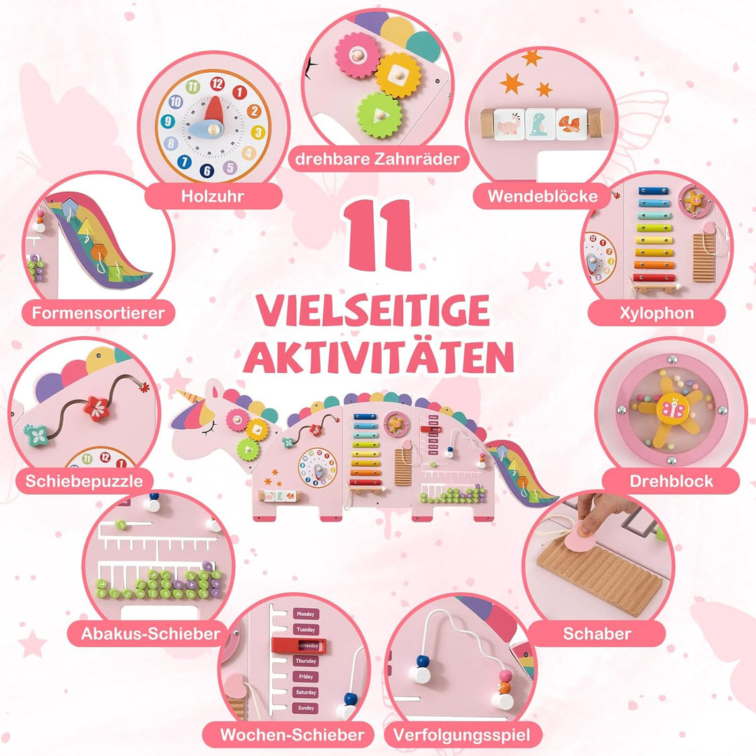 COSTWAY Montessori Busy Board, 11-in-1 Motorikbrett Holz mit Xylophon, Blöcken, Uhr, Abakus & Drehte