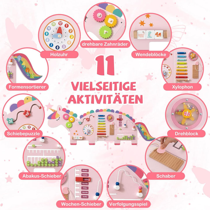 COSTWAY Montessori Busy Board, 11-in-1 Motorikbrett Holz mit Xylophon, Blöcken, Uhr, Abakus & Drehte