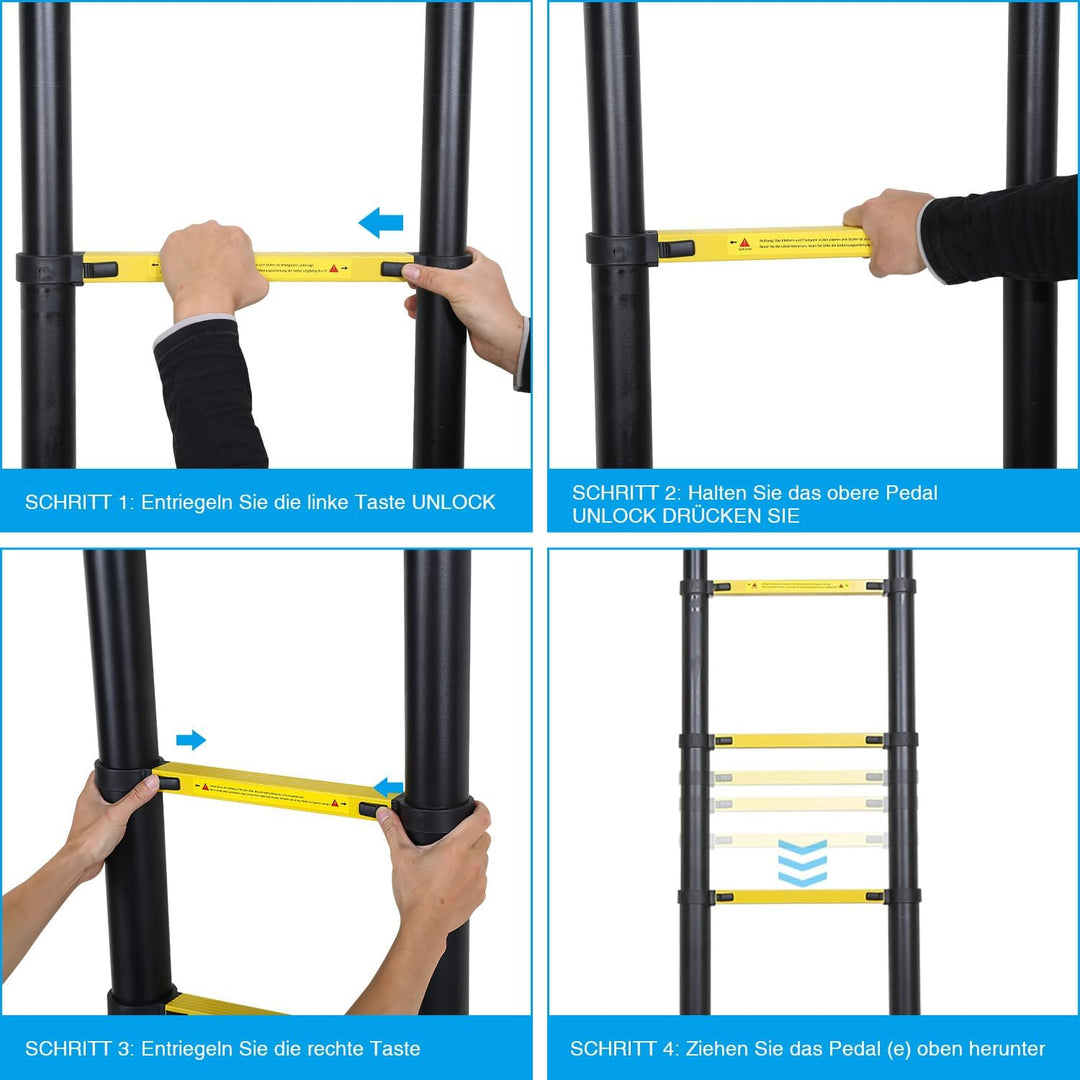 Aluminium Teleskopleiter 3.2M, Ausziehbare Leiter mit Stabilisator und Abnehmbaren Haken, Rutschfest