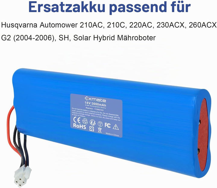Exmate 18V 3000mAh NiMH Akku kompatibel mit Husqvarna Automower 210AC, 210C, 220AC, 230ACX, 260ACX,
