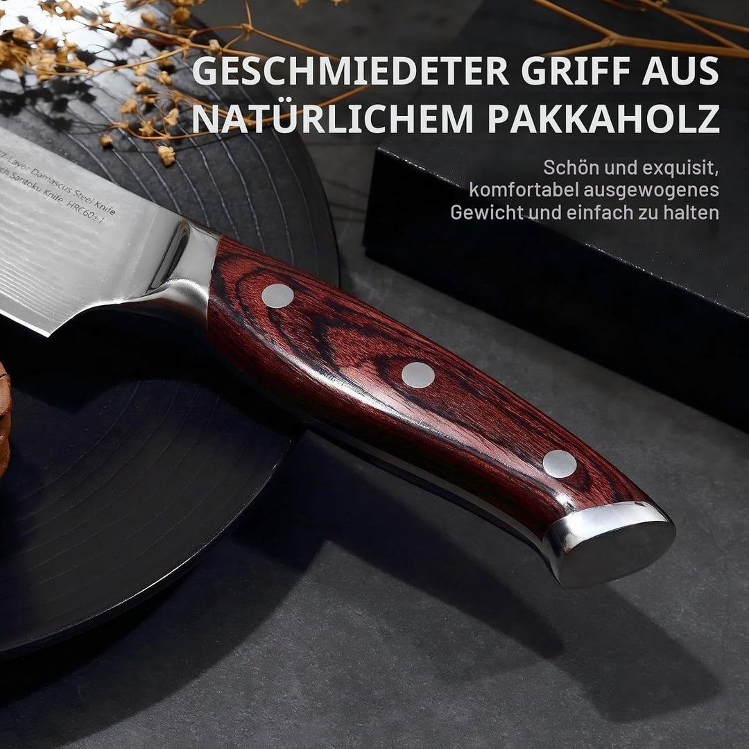 Santokumesser 18 cm, Profi Damastmesser aus 67 Lagen echten Damaststahl, Ultrascharfes Santoku Messe