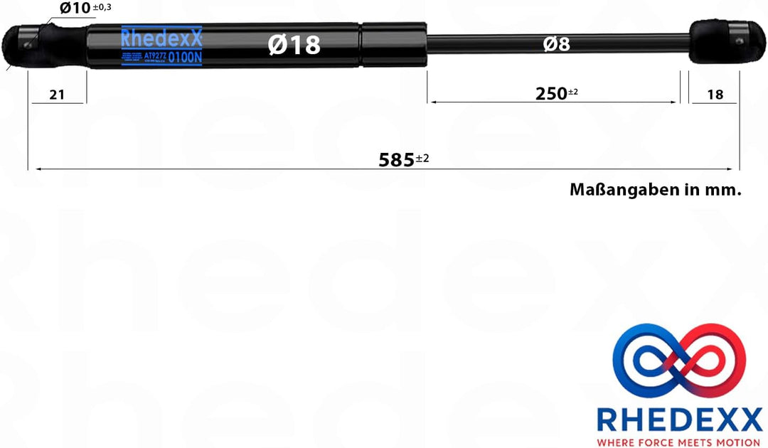 Gasdruckfeder RhedexX® LU956A 0400N Gasdruckdämpfer mit M8 Kugelpfanne Winkelpfanne 585mm/250mm/400N