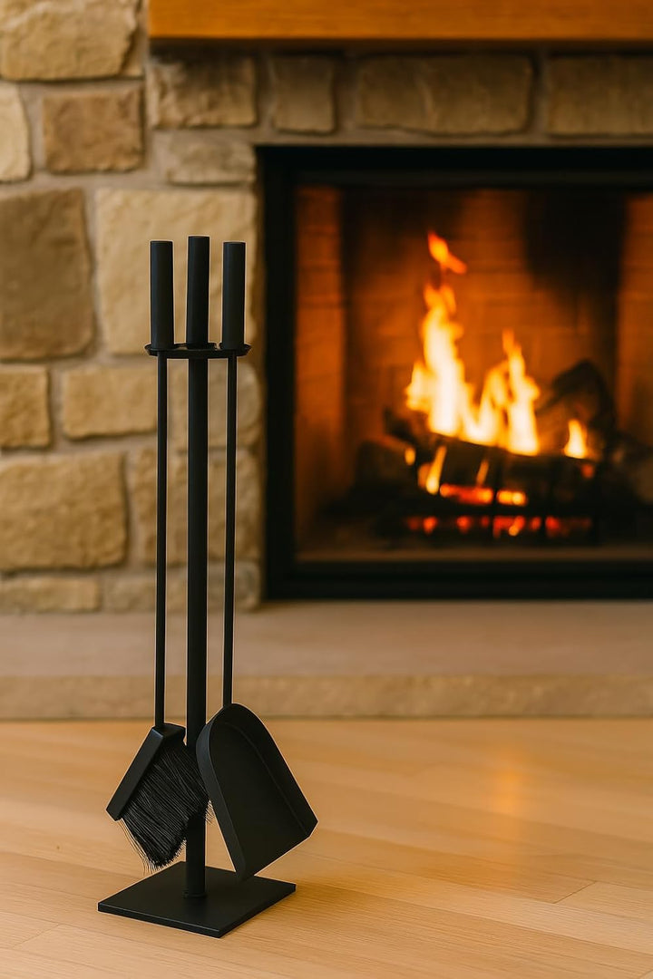 Kaminbesteck Kaminzubehör Set Kaminwerkzeug Ofenbesteck Schwarz 4-in-1-Set mit Besen, Schaufel, Eise