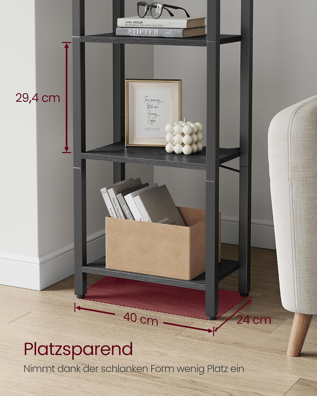 VASAGLE Regal, Bücherregal, Standregal, DVD-Regal, mit 4 Ebenen, Büroregal, offene Ablagen, für Büro